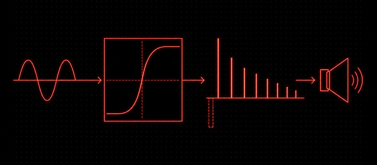 A sine through a saturation curve producing harmonics that reach a phone speaker, illustrating saturation