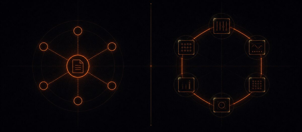 Several people-markers sharing one document beside a ring of instruments wired to each other, illustrating multi-user sessions versus inter-app communication