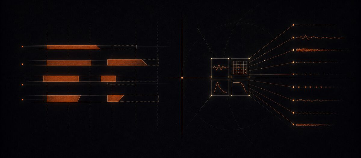 Timeline lanes holding pre-recorded blocks beside a cluster of generative modules producing new material, illustrating recorders versus instruments