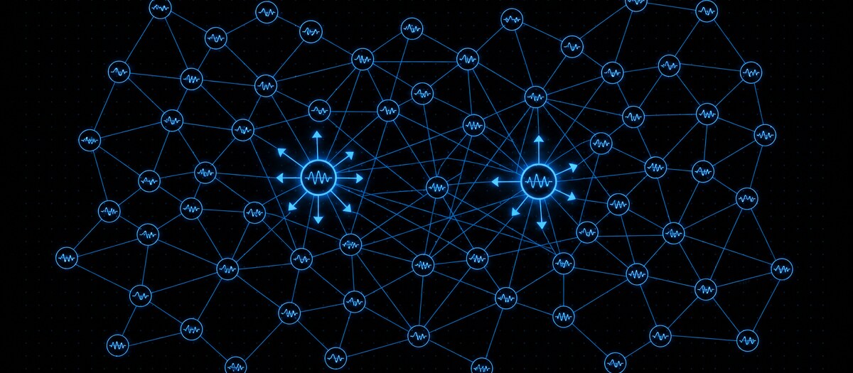 A dense web of account nodes carrying waveforms with two hubs radiating share arrows, illustrating an existing community