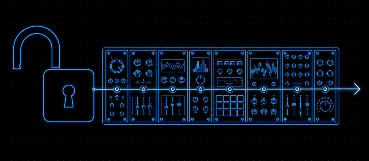 An open padlock beside a rack whose every module is lit and complete, illustrating a genuinely free tier