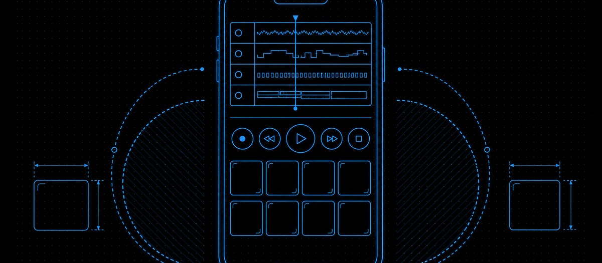 A phone screen holding a full multitrack, transport and pad grid within thumb-reach arcs, illustrating a real mobile workflow