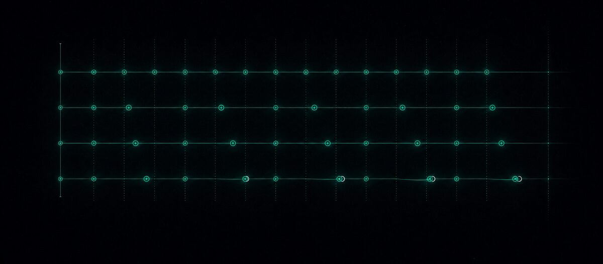 Four timelines showing off-beat marks pushed progressively later against a rigid grid, illustrating increasing swing