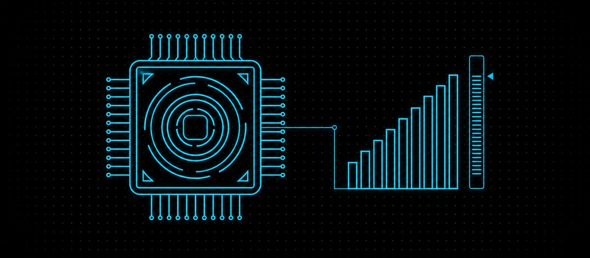A processor die feeding a rising bar meter and a level gauge, illustrating CPU load