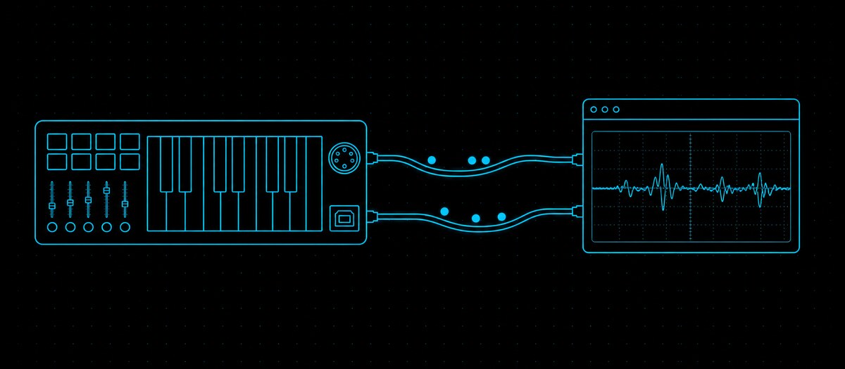 A MIDI keyboard wired by DIN and USB into a browser window showing a waveform, illustrating Web MIDI