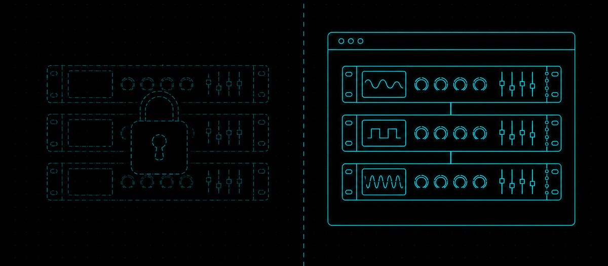 A locked plugin rack on one side of a dividing line, built-in browser modules on the other, illustrating the plugin boundary