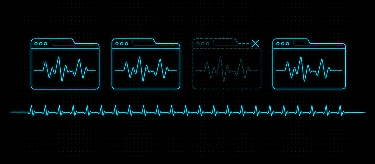 Four browser tabs, one crashed and dimmed while the others keep running over a steady pulse line, illustrating stability