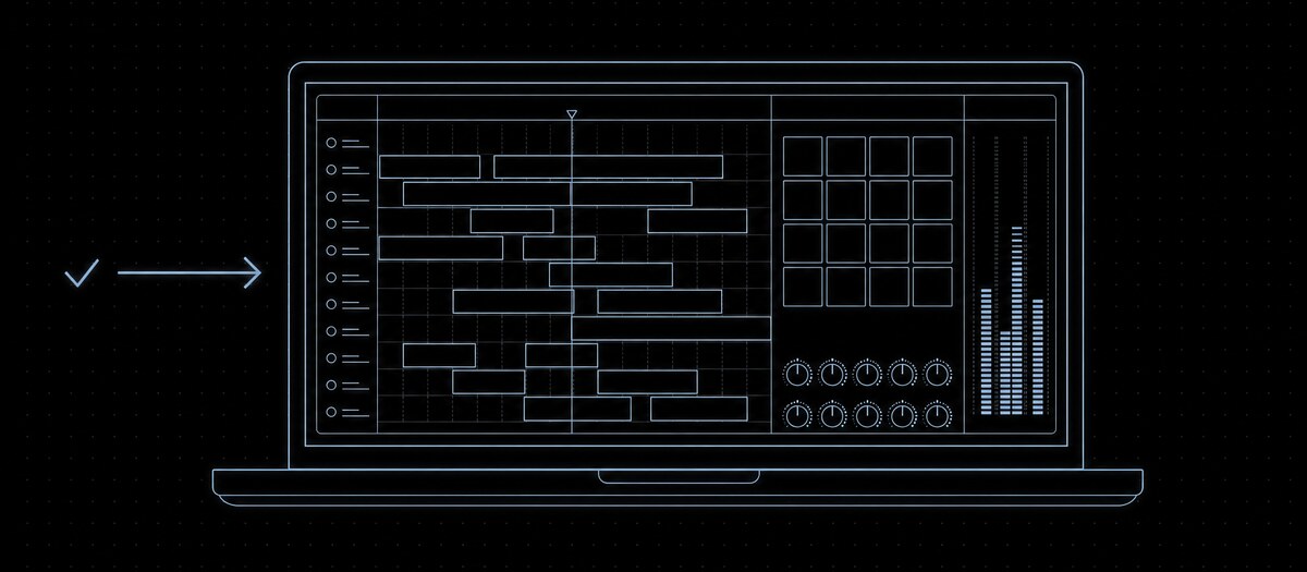 A laptop screen filled edge to edge by a complete studio reached by a single arrow, illustrating browser studios