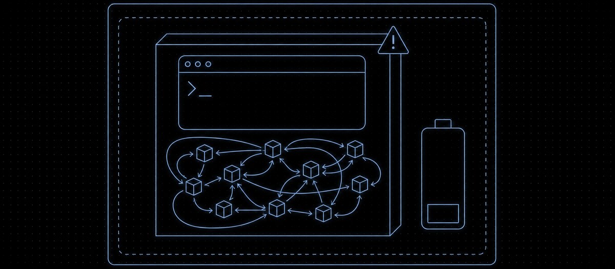 A container holding a terminal and a tangle of dependencies beside a nearly empty battery, illustrating the Linux container route