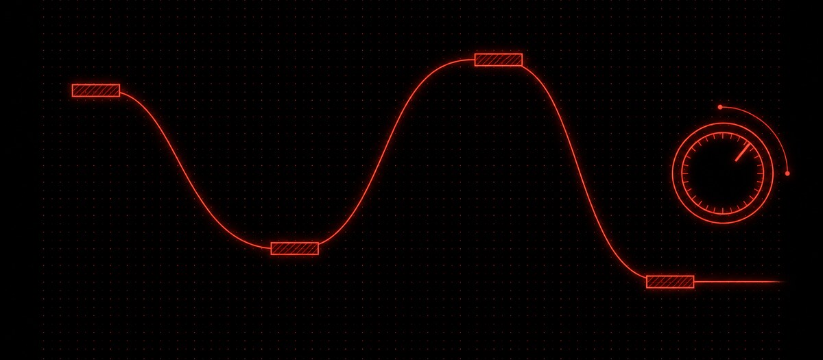 Four bass notes joined by one long lazy sliding pitch line beside a portamento knob near maximum, illustrating the drill 808