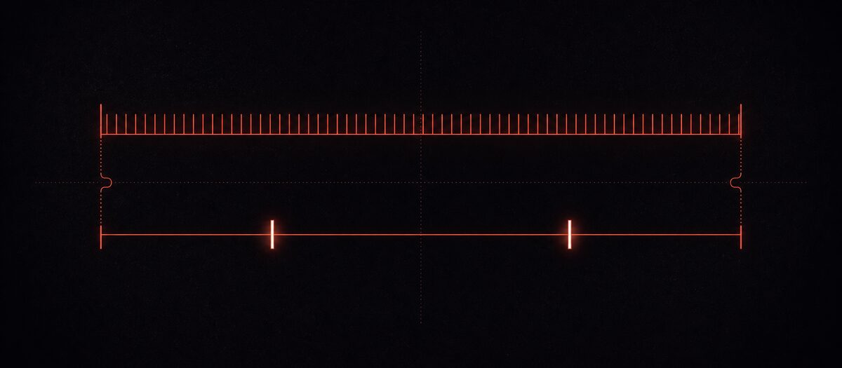 A dense fine-tick ruler above a ruler with only two heavy marks over the same span, illustrating a fast grid felt at half time