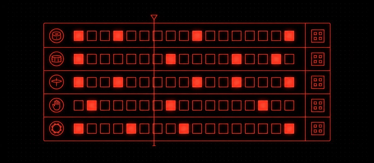 Five channel rows of sixteen step buttons with a playhead and a pattern selector, illustrating the step sequencer workflow