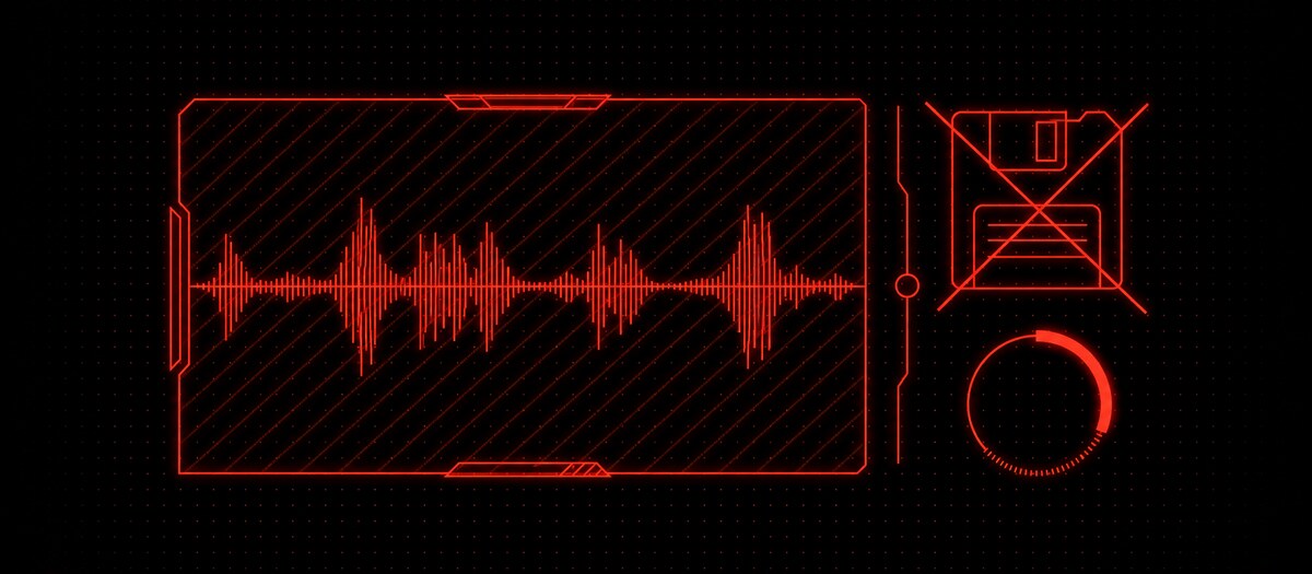 A finished waveform under a watermark band beside a crossed-out save icon and a spent countdown ring, illustrating demo limitations