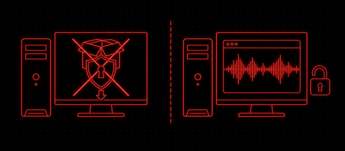 A machine where the installer is blocked by a keyholed shield beside the same machine opening a browser freely, illustrating locked-down computers