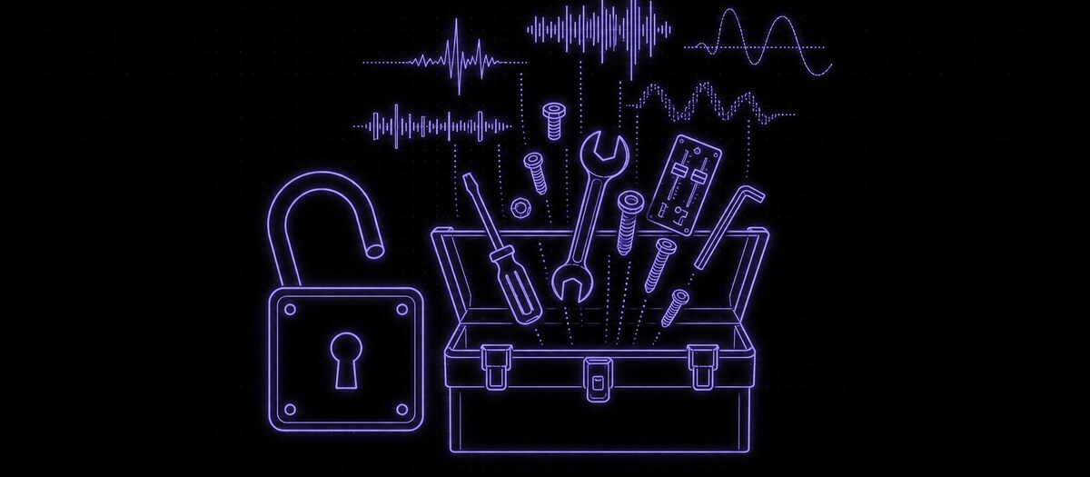 An open padlock beside a toolbox whose tools rise and turn into waveforms, illustrating open-source tools