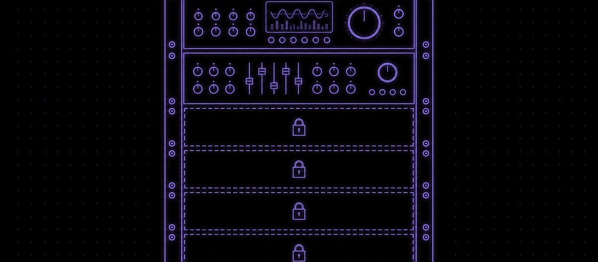 An instrument rack whose lower module slots are empty and padlocked, illustrating a stripped free tier