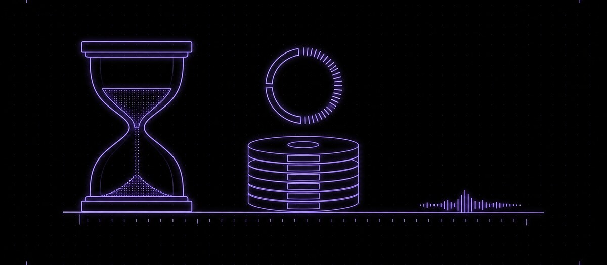 An hourglass and a stack of installer discs dwarfing a small waveform, illustrating time lost to setup