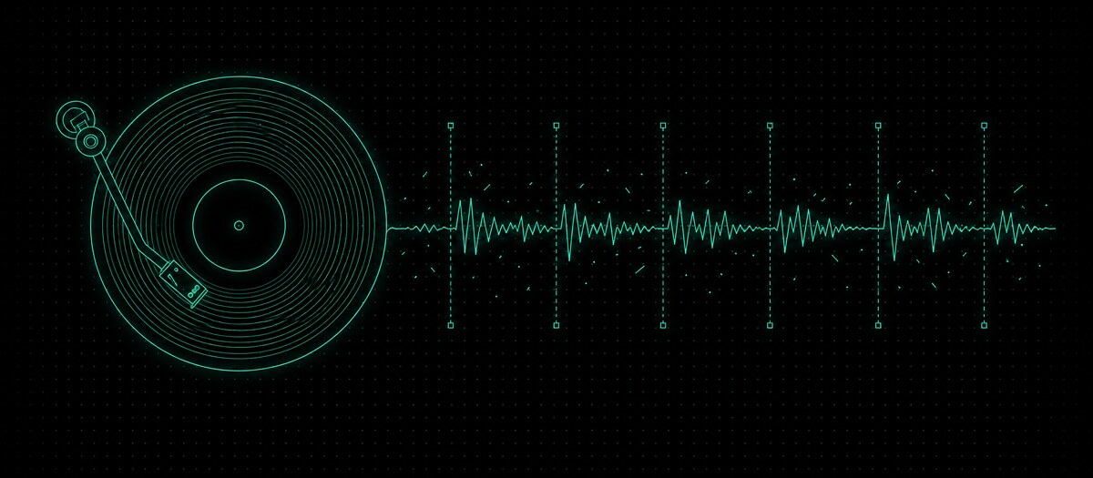 A vinyl groove unwinding into a waveform cut into six slices with dust specks, illustrating chopping a break