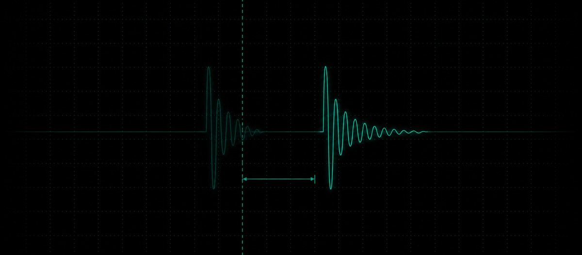 A snare transient sitting to the right of the grid line with the offset measured, illustrating a snare that lands late