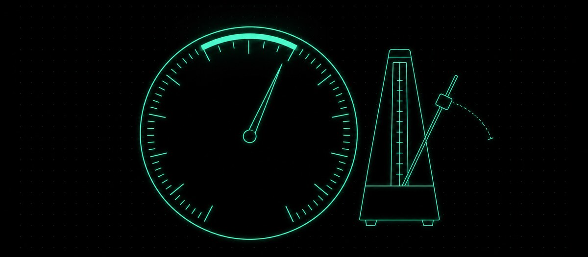 A tempo gauge with its needle inside a narrow highlighted arc beside a metronome, illustrating the boom bap tempo range