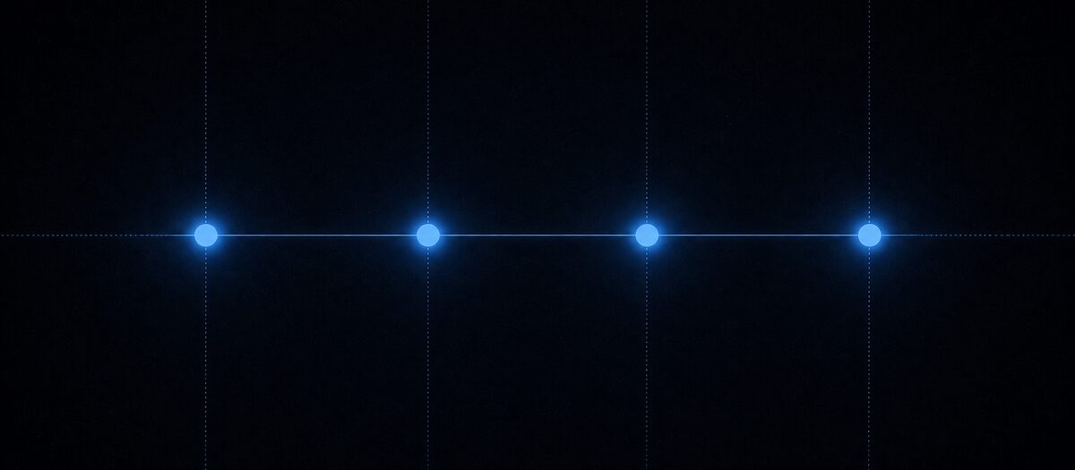 Four identical dots at perfectly equal intervals on one line, illustrating a kick that never moves