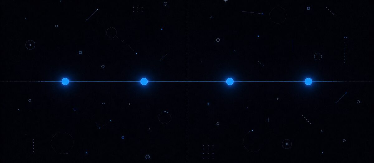 Many small scattered marks spread wide around four large pulse dots, never landing on them, illustrating percussion off the beat