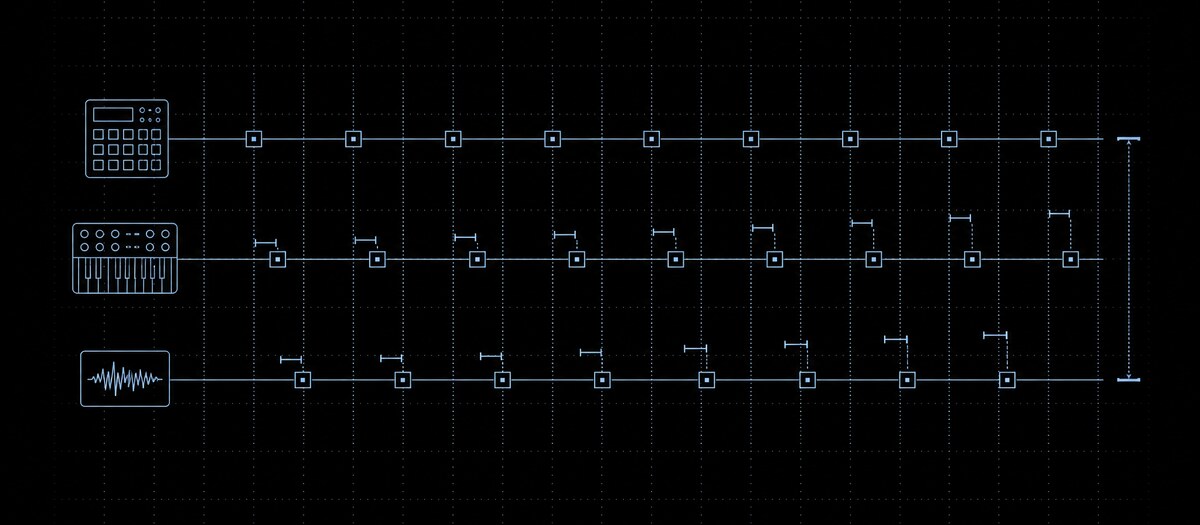 Three instrument lanes where each sits progressively later than the grid, offsets marked, illustrating playing behind the beat