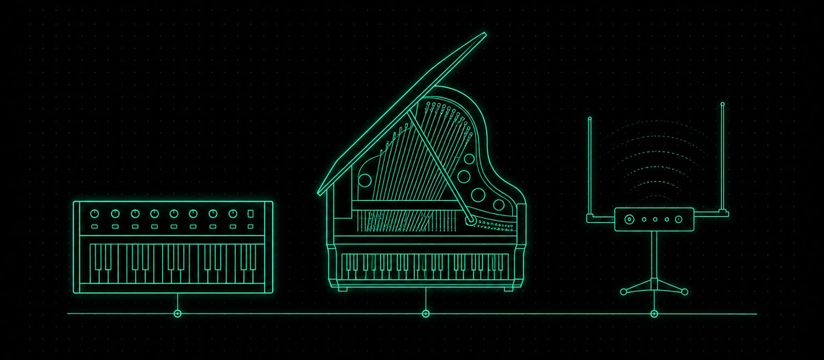 A synthesizer, a grand piano and a theremin lined up on one baseline, illustrating the instrument layer