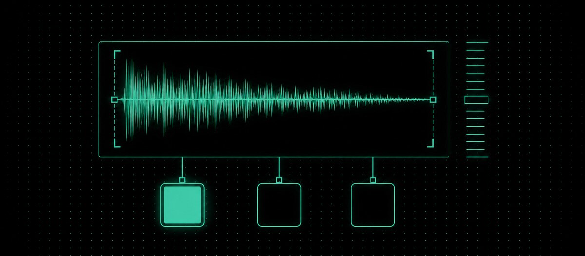 A waveform window with start and end handles feeding three pads, illustrating the sampler layer