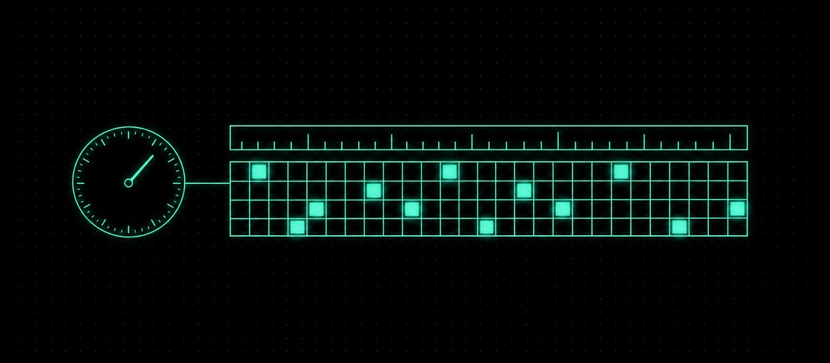A bar ruler over a pattern grid with a tempo dial, illustrating the sequencer layer