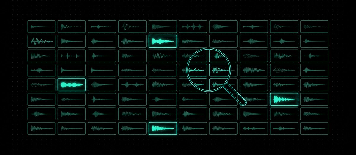 A catalogue grid of sample chips with a magnifier over one region, illustrating the sound library