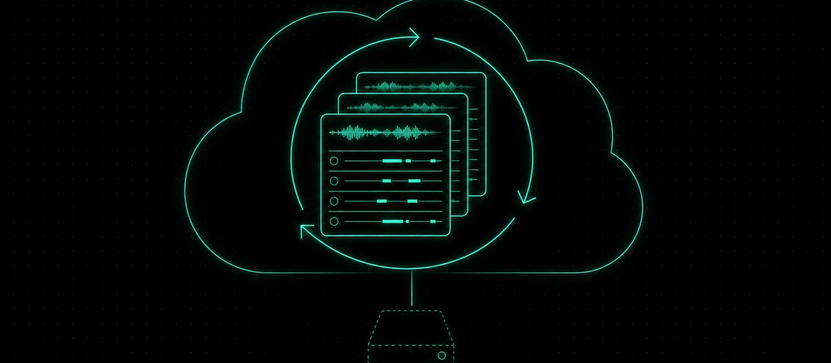 Session cards inside a cloud with a sync loop, a dimmed local drive below, illustrating project storage