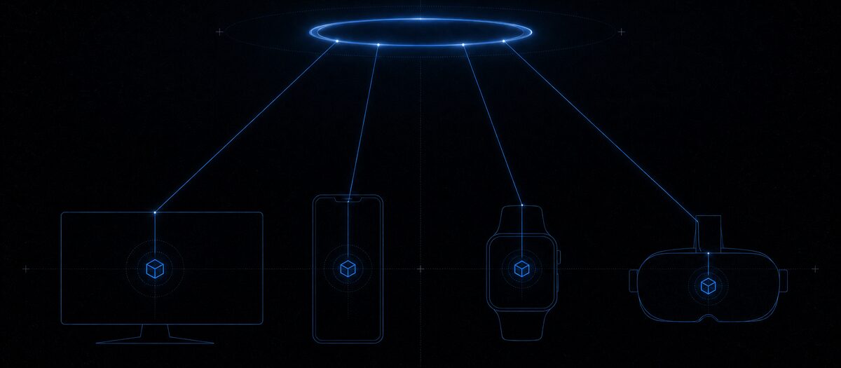Four different devices each receiving the same payload from one floating ring above them, illustrating work that lives in an account rather than a machine