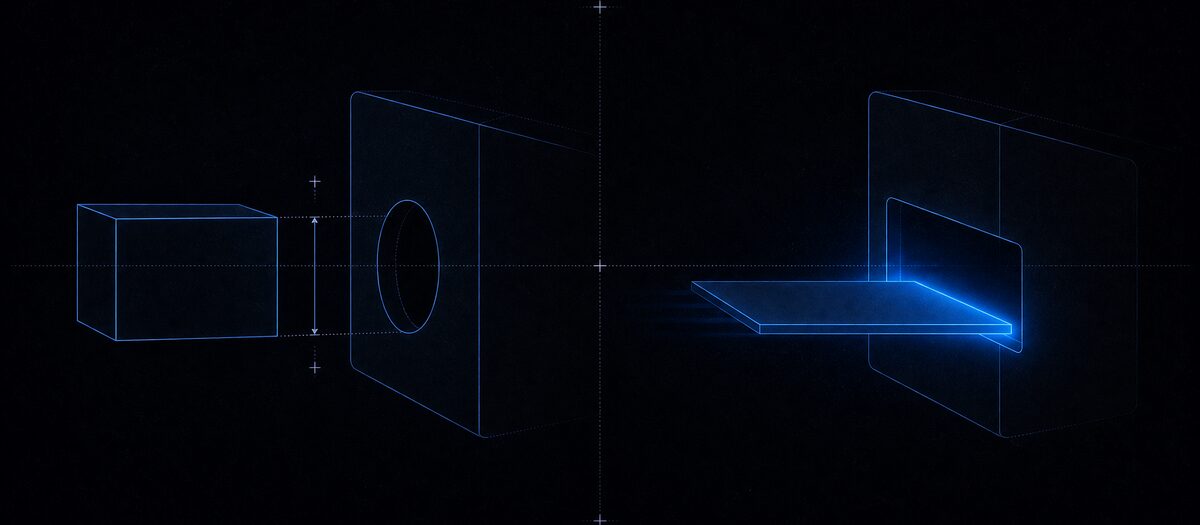A solid block that cannot fit its receiving slot beside a flat plane sliding cleanly into a matching opening, illustrating installers versus the browser