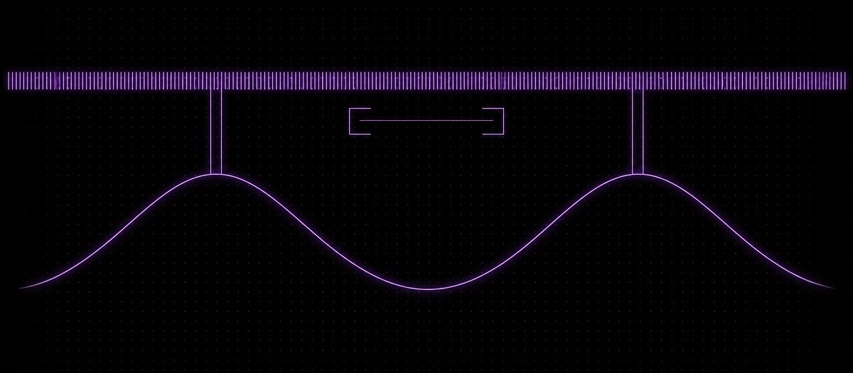 A dense strip of fast ticks above one slow waveform with two broad peaks, illustrating half-time at a fast tempo