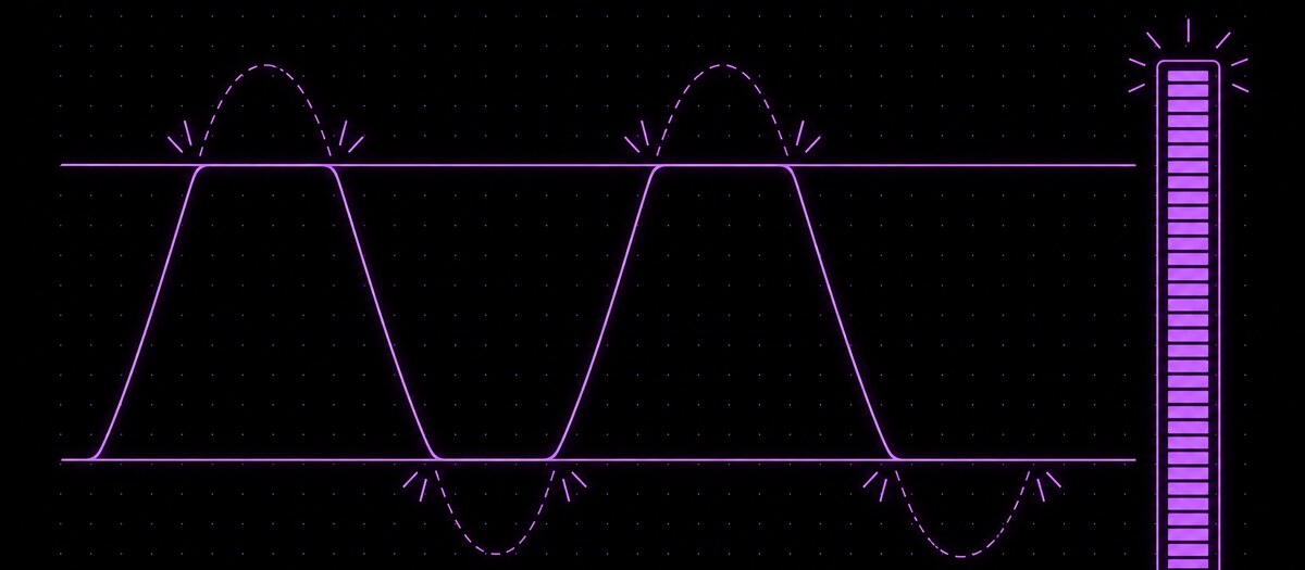 A low waveform with its peaks sliced flat against a ceiling line beside a level meter pinned at the top, illustrating deliberate overdrive