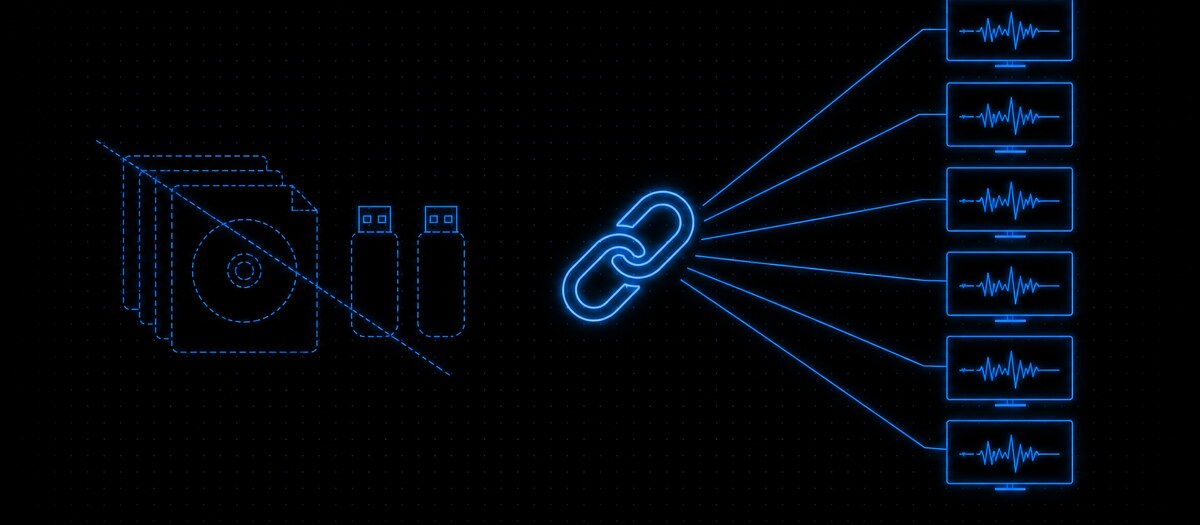 Dimmed disk images and USB sticks struck through beside one link glyph fanning out to six screens, illustrating deployment replaced by a URL