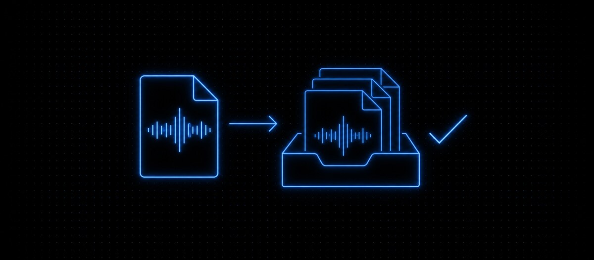 An audio file card moving into a submission tray that already holds two more, illustrating ordinary file handoff