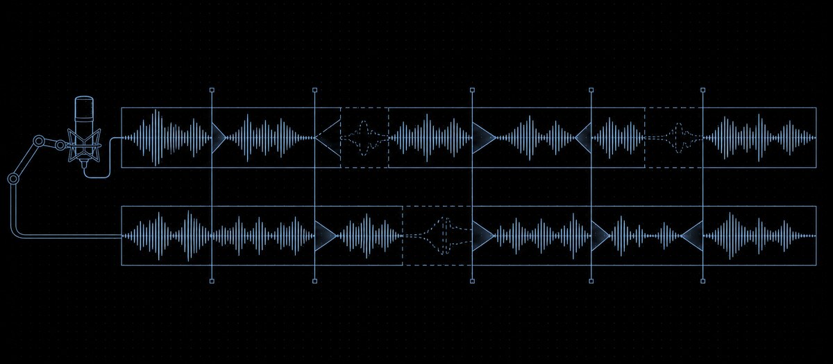 Two dialogue lanes cut by markers with removed silence and crossfades, fed by a studio microphone, illustrating podcast editing