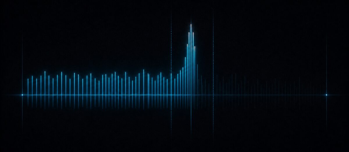 A comb of harmonics intact below a movable cutoff boundary and erased above it, with a few lines boosted at the boundary