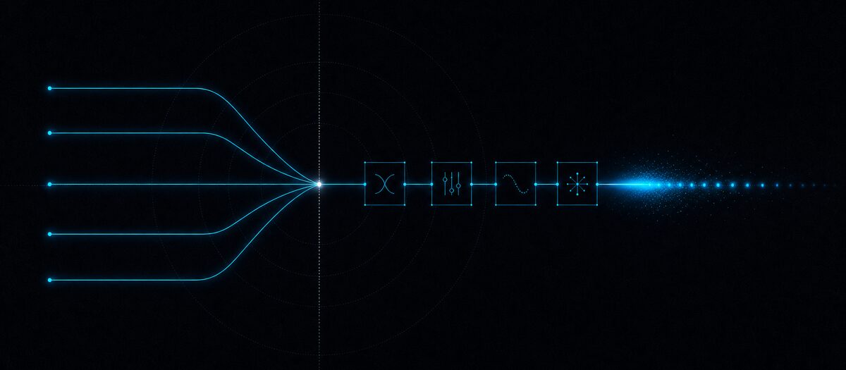 Four voice lines merging into one bus that then passes through four effect modules and leaves with a scattered tail