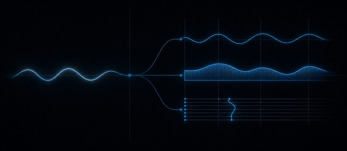 One slow wave driving three destinations — a wavering pitch line, a swelling level bar and a sliding filter boundary