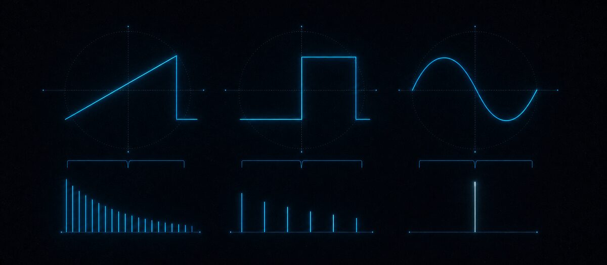 A ramp, a step and a smooth curve each paired with its harmonic spectrum, illustrating why sawtooth, square and sine sound different