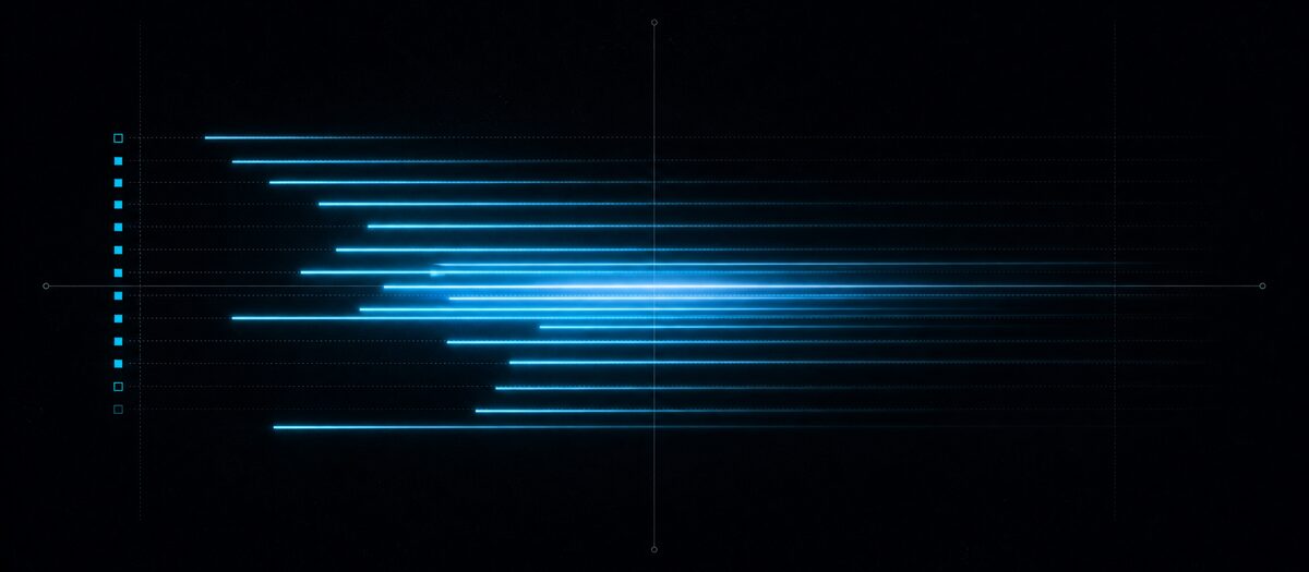 Many overlapping note bars starting and fading at their own rates beside a column of voice slots, illustrating polyphony