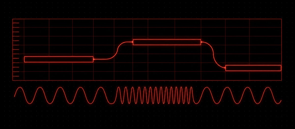 Three bass note blocks joined by one sliding pitch line over a stretching waveform, illustrating a gliding 808