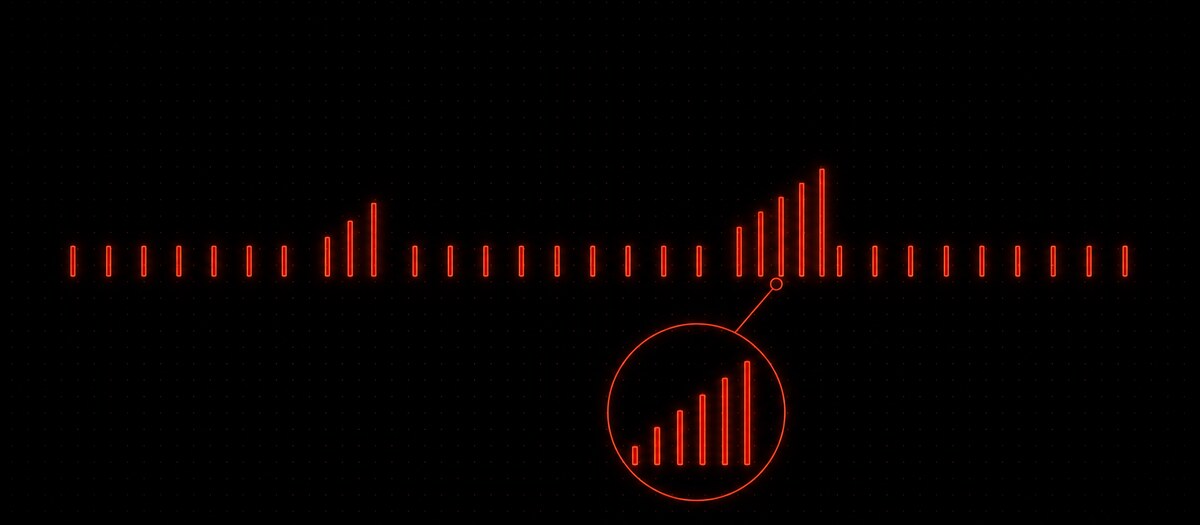 A row of even hat strokes that compresses into two accelerating clusters, illustrating hi-hat rolls