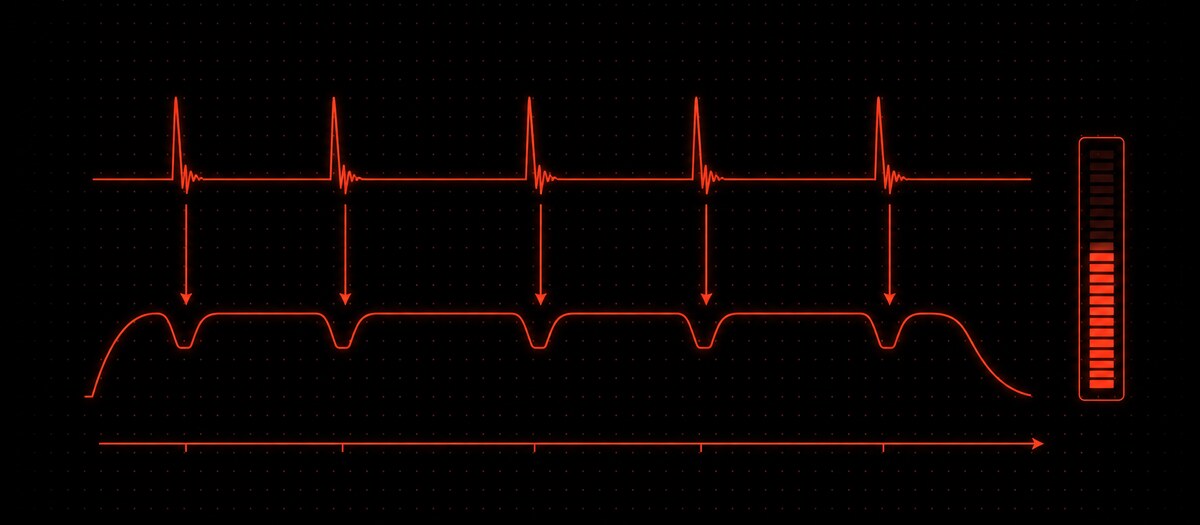Kick transients carving notches into a sustained bass envelope with a gain-reduction meter, illustrating kick and 808 sharing the low end