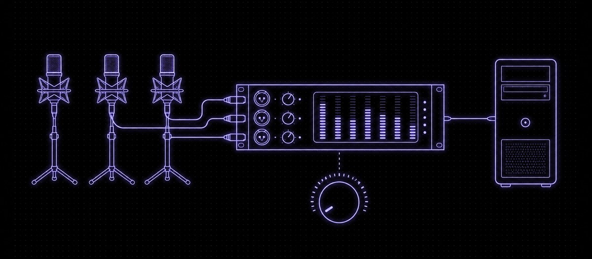 Three microphones feeding an audio interface with input meters and a buffer dial at minimum, illustrating live tracking