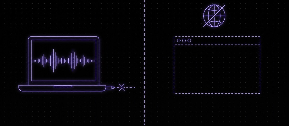 A disconnected laptop still running a waveform beside an empty dashed browser window under a crossed-out globe, illustrating working offline