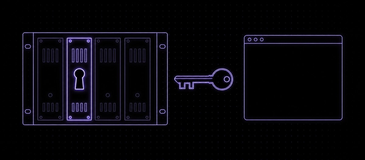 A plugin rack where one module has a keyhole matching a single key, beside a browser window with no slot, illustrating plugin dependency